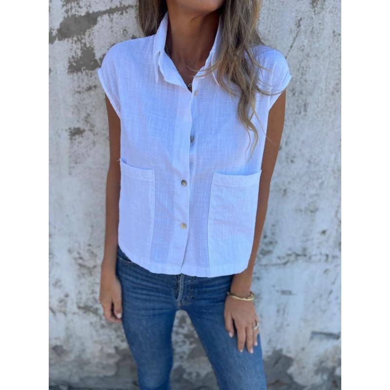 Women Summer Solid Loose Casual Short Sleeve Button Pocket Turn Down Collar Shirt