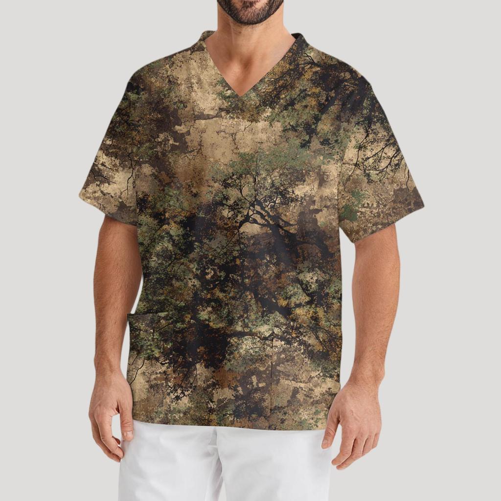 Men's Printing Short Sleeve V-neck Working Blouse Chest Pocket Carer Top