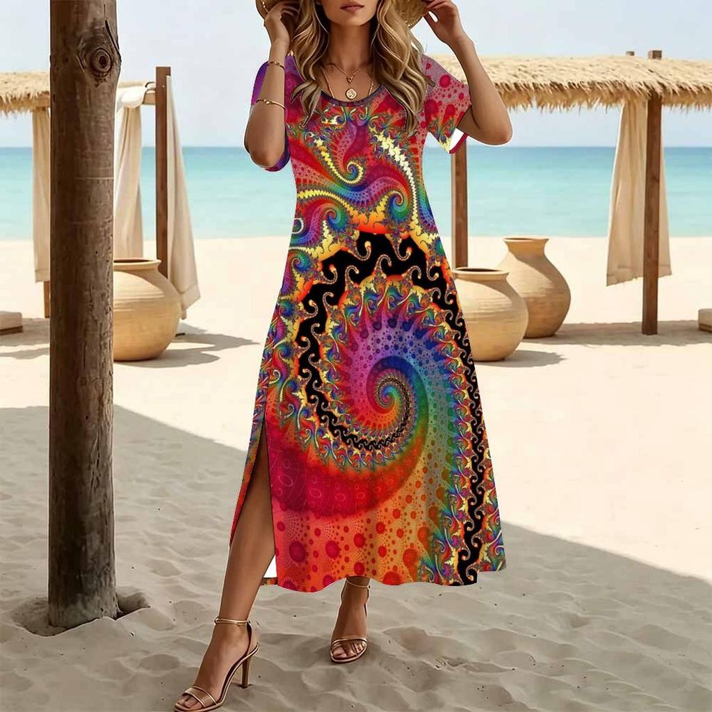 Abito da Donna Moda Scollo Tondo Stampa Fantasia Vintage Manica Corta Spacco Laterale Abito Casual da Vacanza Abito Lungo Ampio