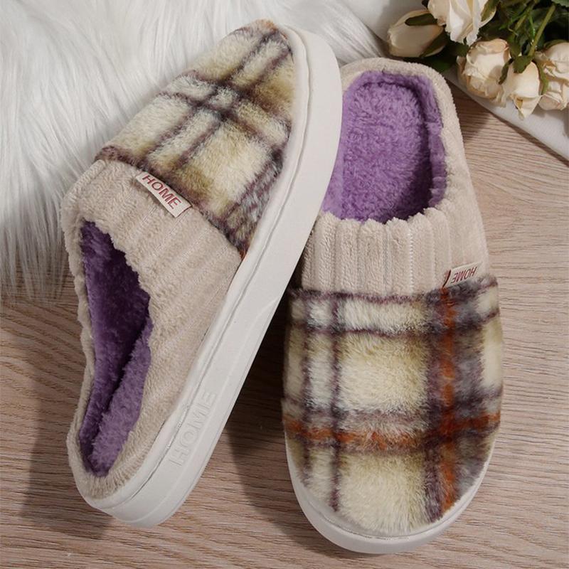 Fashion Fashion Plaid Cotton Slippers for Women Flat Heel Non Slip Cotton Slides Woman Indoor Purple Green Warm Plush Slippers Female