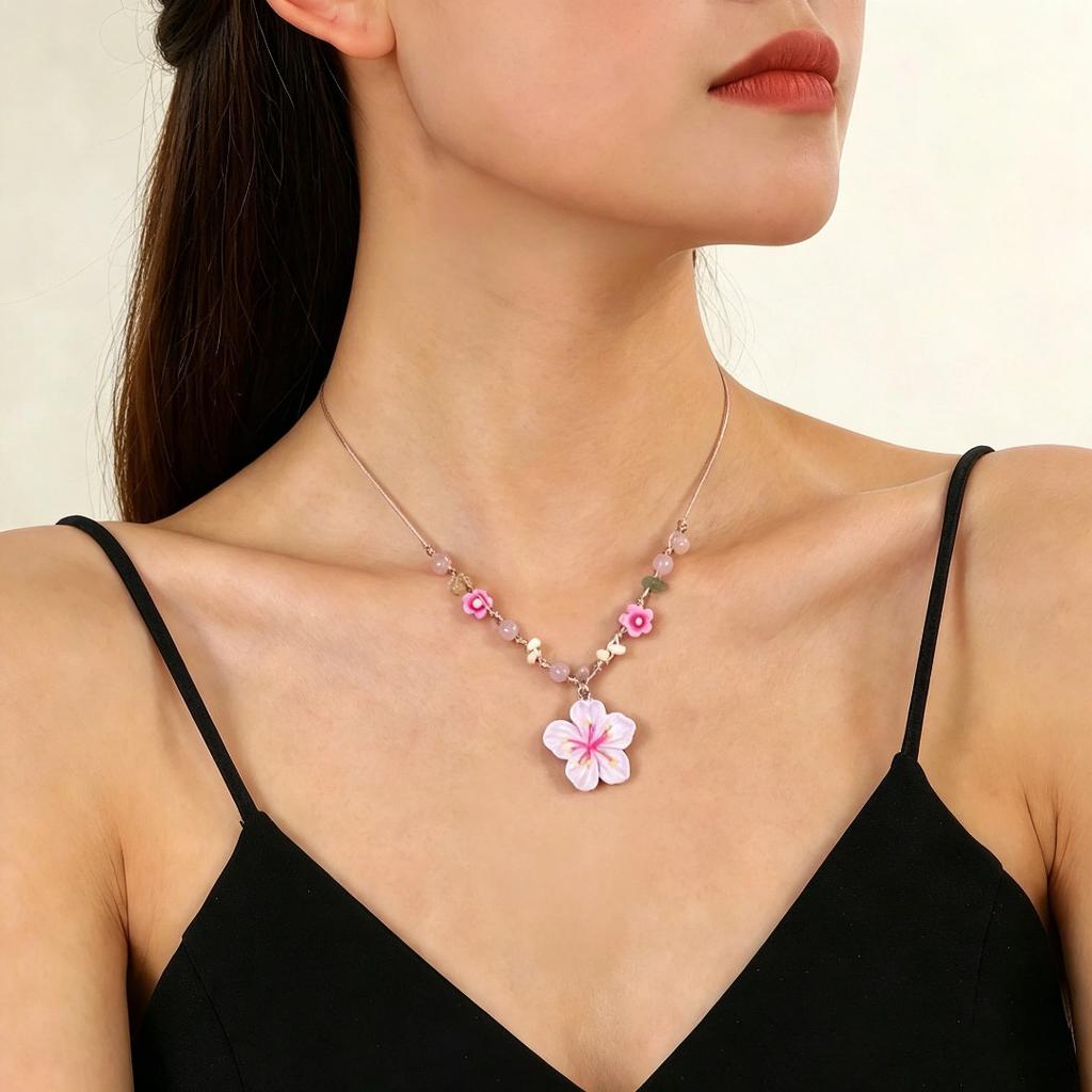 Cherry Blossom Pendant Necklace for Women Delicate Beaded Floral Necklace for Daily Wear and Gifting