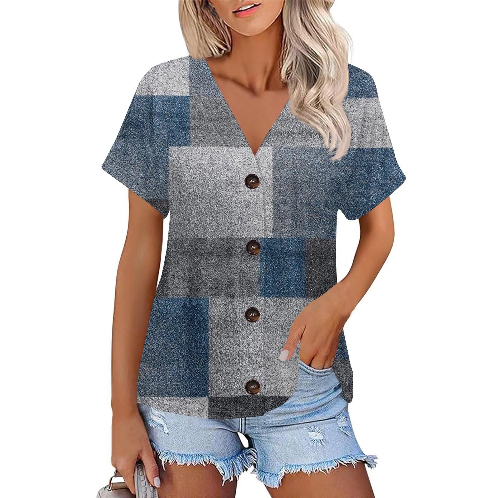 

Женская модная футболка с короткими рукавами и V-образным вырезом, цветным принтом в стиле пэчворк, на пуговицах L