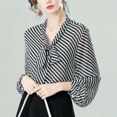 Elegante Damen-Sommerblusen, lässige Damen-Oberteile, Damen-Shirt mit gestreifter Schleife, Chiffon-Bluse, Chemise Femme, Blusas, Langarm-Top