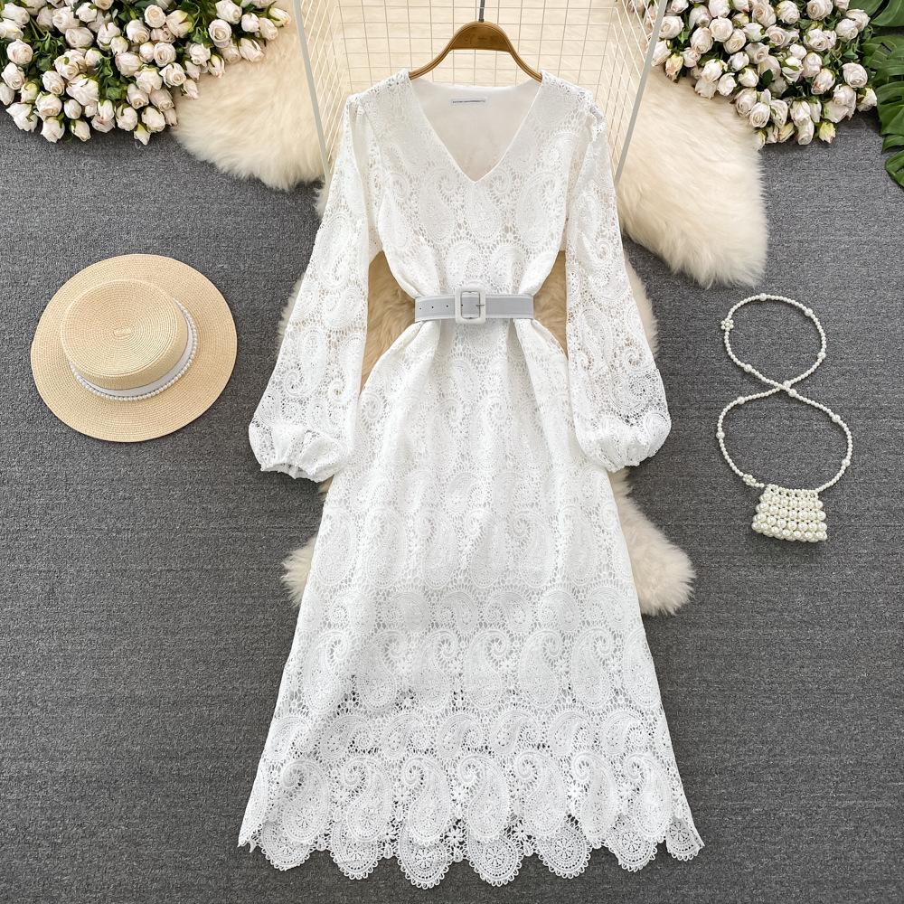 Spring Autumn Red/Yellow/Purple/Blue Hollow Out Embroidered Long Dress Women Vintage Lace Puff Sleeve Party Maxi Vestidos