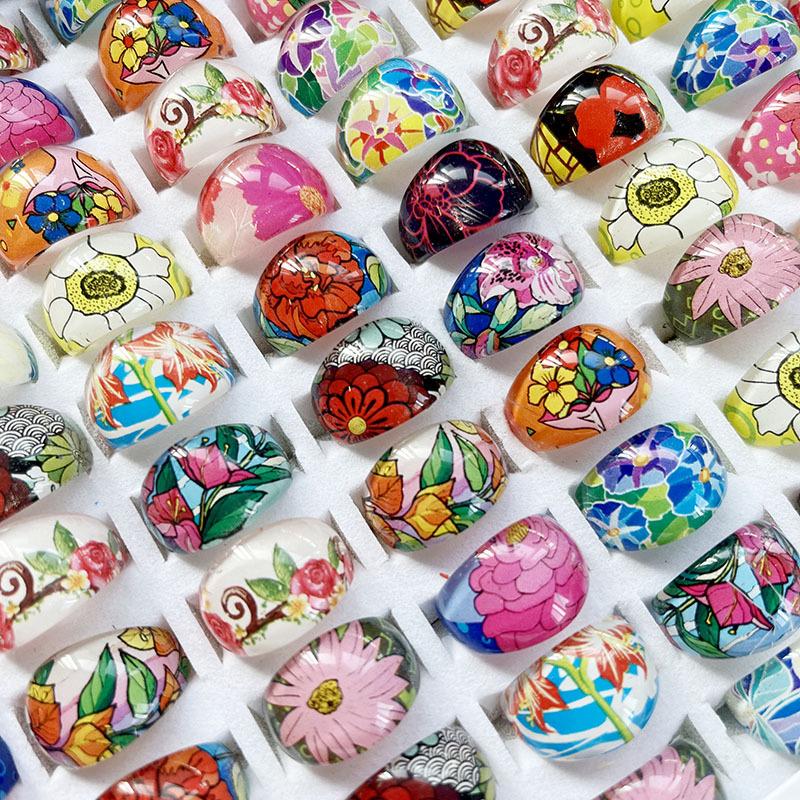 10 Pcs colorful cartoon floral pattern resin plastic children s ring ornaments
