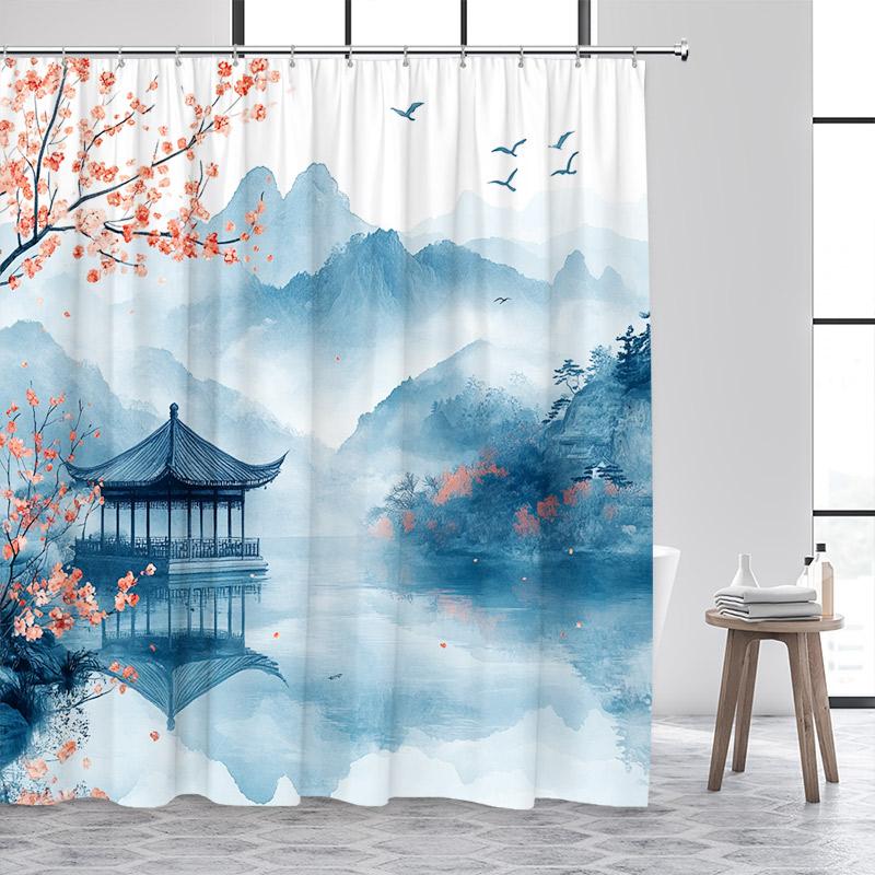 

Abstract Mountain Ink Landscape Shower Curtain Pink Cherry Blossom Flowers Bamboo Japanese Style Bath Curtains Bathroom Decor W60H190(CM)-1 Pcs