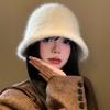 Weißer gestrickter Kaninchenfell-Bucket-Hat für Damen, neu für Herbst und Winter, großer Kopfumfang, Beckenhut, hochwertiges Gefühl, Hut für ein kleines Gesicht
