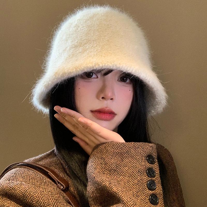 Weißer gestrickter Kaninchenfell-Bucket-Hat für Damen, neu für Herbst und Winter, großer Kopfumfang, Beckenhut, hochwertiges Gefühl, Hut für ein kleines Gesicht
