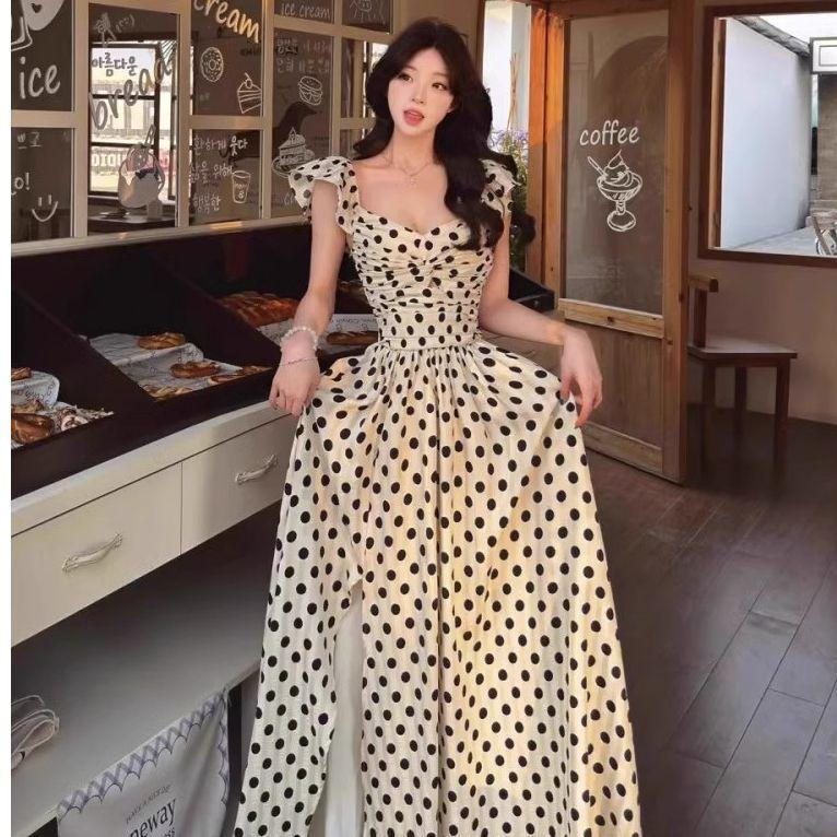 Polyester French Polka Dot Dress For Summer Beach Vacation With Short Princess Sleeves And Slim Fit