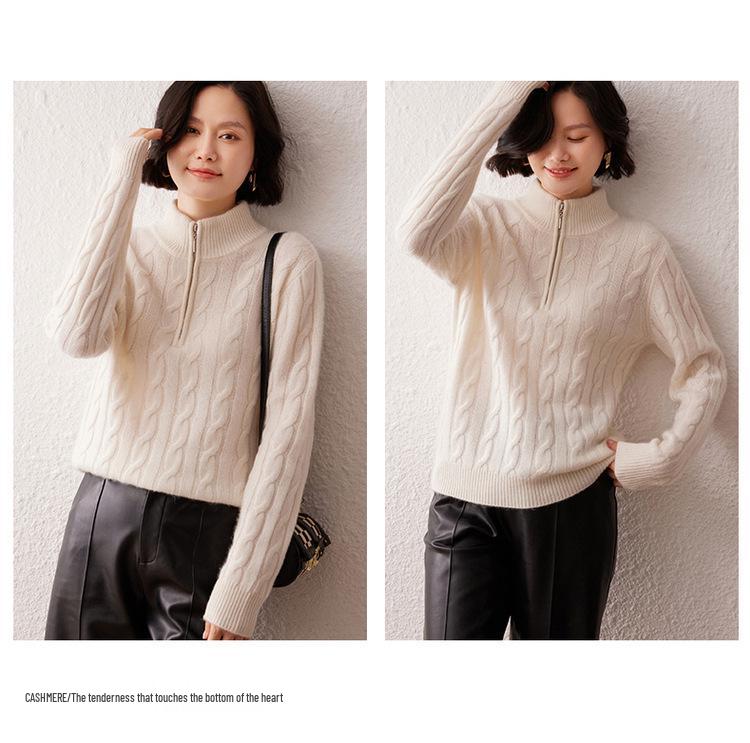 Women's Thickened Cashmere Stand Collar Zipper Sweater - Soft, Warm Cable Knit for Autumn/Winter