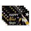 JIT4/6pcs Happy New Year Black Golden Champagne Stars Celebration Placemats for Christmas Kitchen Decor Home Decoration 12x18 Inch