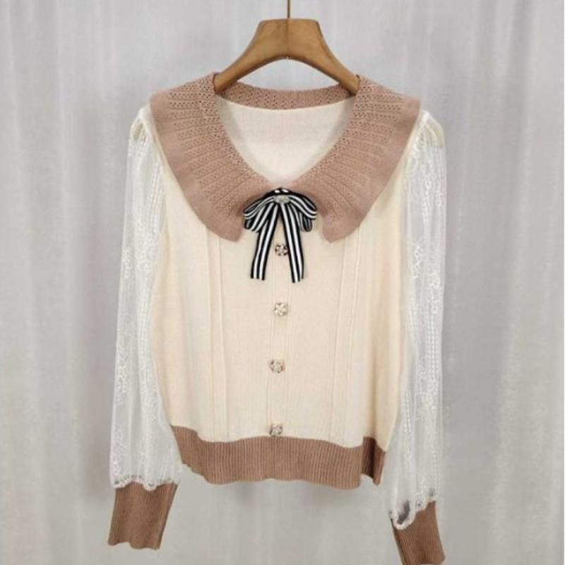 

Женский вязаный топ с длинными рукавами, воротничком «бэби», бантом и кружевом one size абрикосовый