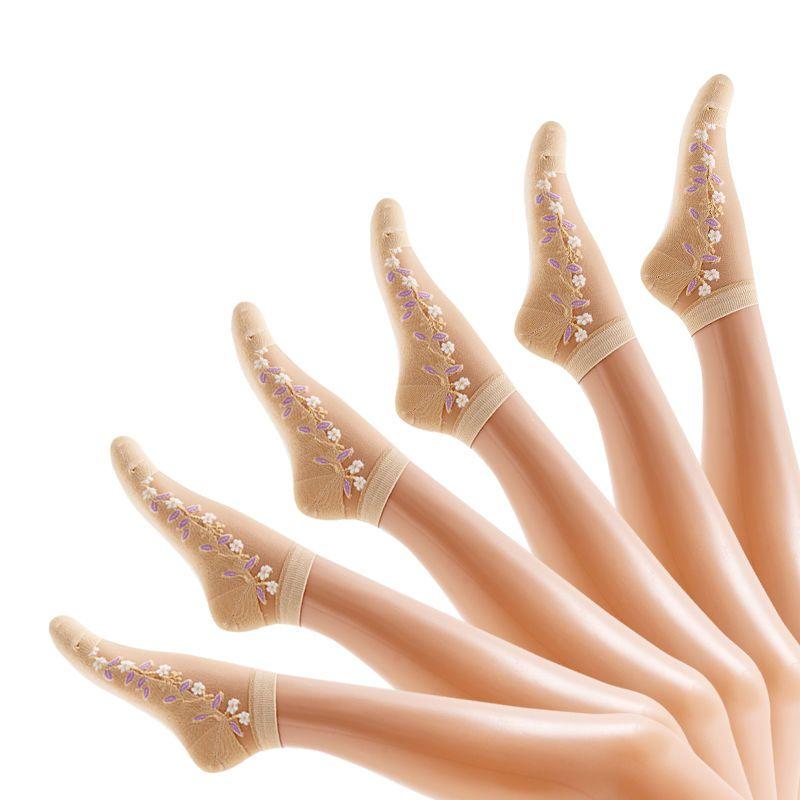 6 Pairs of Summer Ice Silk Short Tube Socks Rose Glass Silk Cotton Bottom Thin Breathable and Non Slip Women's Crystal Silk Socks