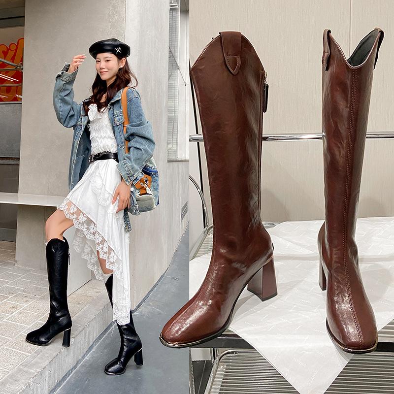 

High Boots Spice Girls Coarse Heel Boots Autumn and Winter High Heel Knight Boots V-mouth Rear Zipper Skinny Boots Vintage Boots 35 чорний