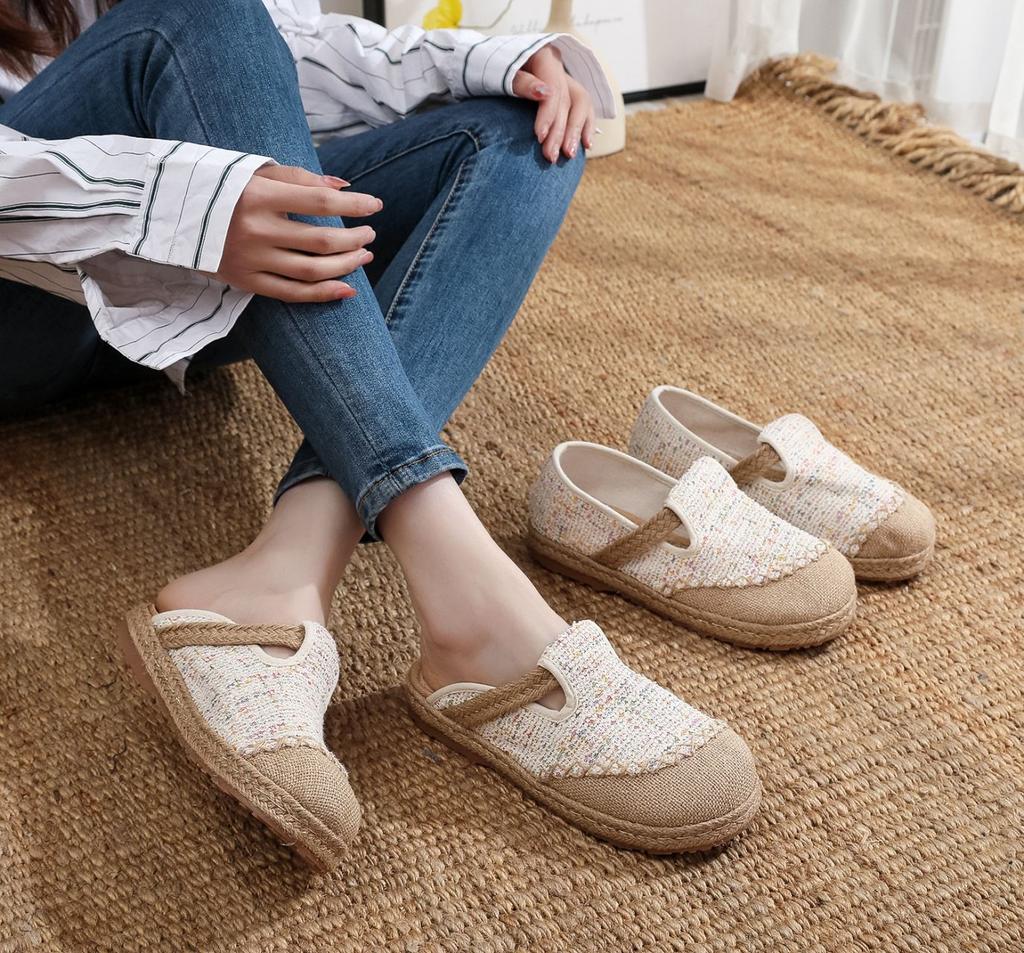 Original Spring and Summer Bag Head Slippers Women's Single Shoes Breathable Linen Grass Weaving Office Half Drag New Literary Linen Shoes