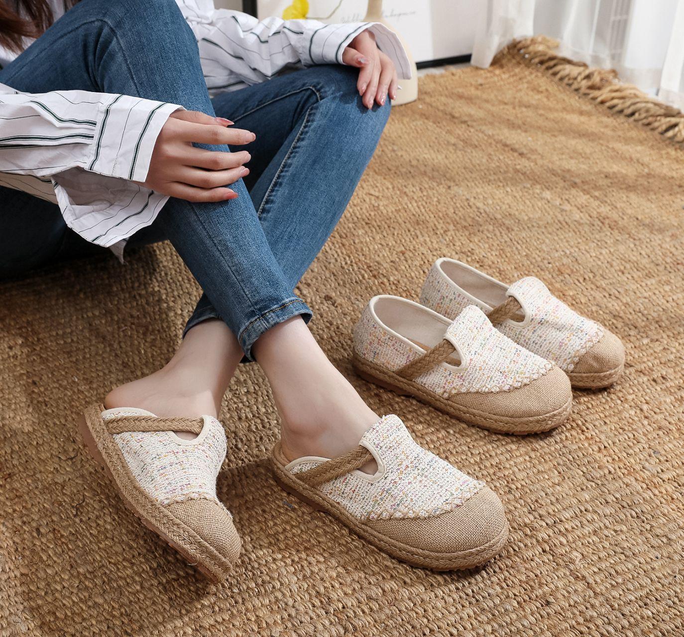 

Оригинальные весенне-летние сумки, тапочки с открытой пяткой, женская одинарная обувь, дышащая льняная трава, плетение, офисные полушлепки, новая литературная льняная обувь 40