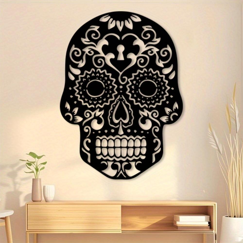 Vintage Sugar Skull Metal Wall Art, Black White Floral Iron Decor, Powder Coated Durable Mural for Living Room Gothic Home, Halloween Christmas Gift