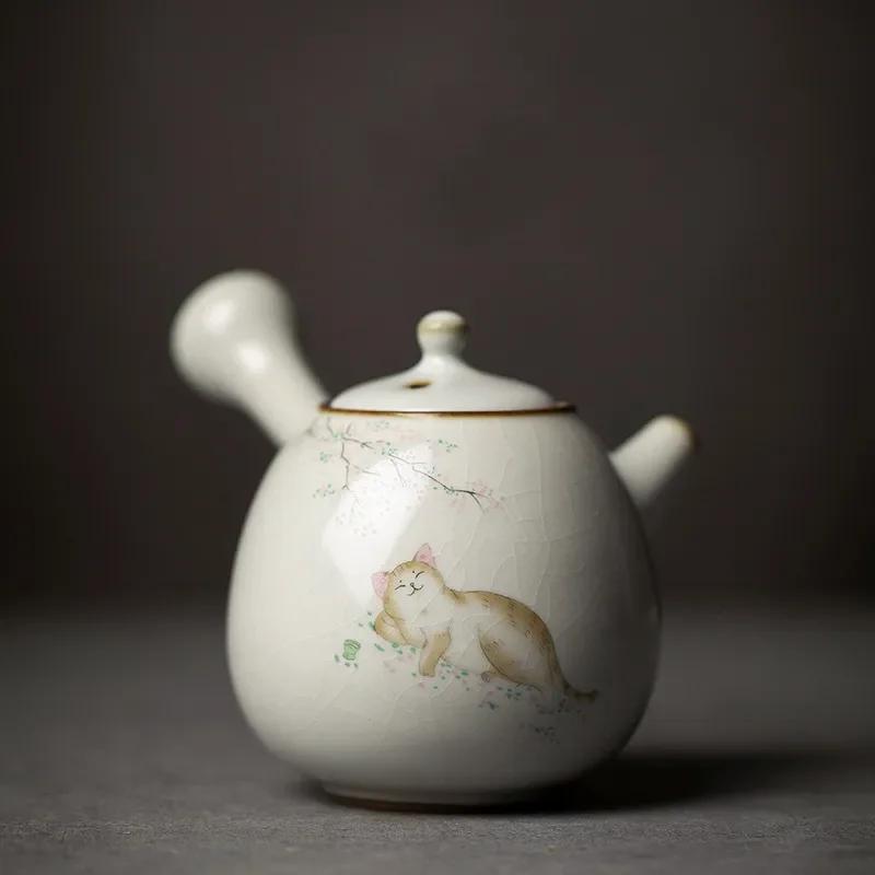 230ml Chinese Ru Kiln Side Handle Teapots Handmade Cute Cat Pattern Ceramic Kettle Travel Portable Filter Tea Pot Home Tea Set