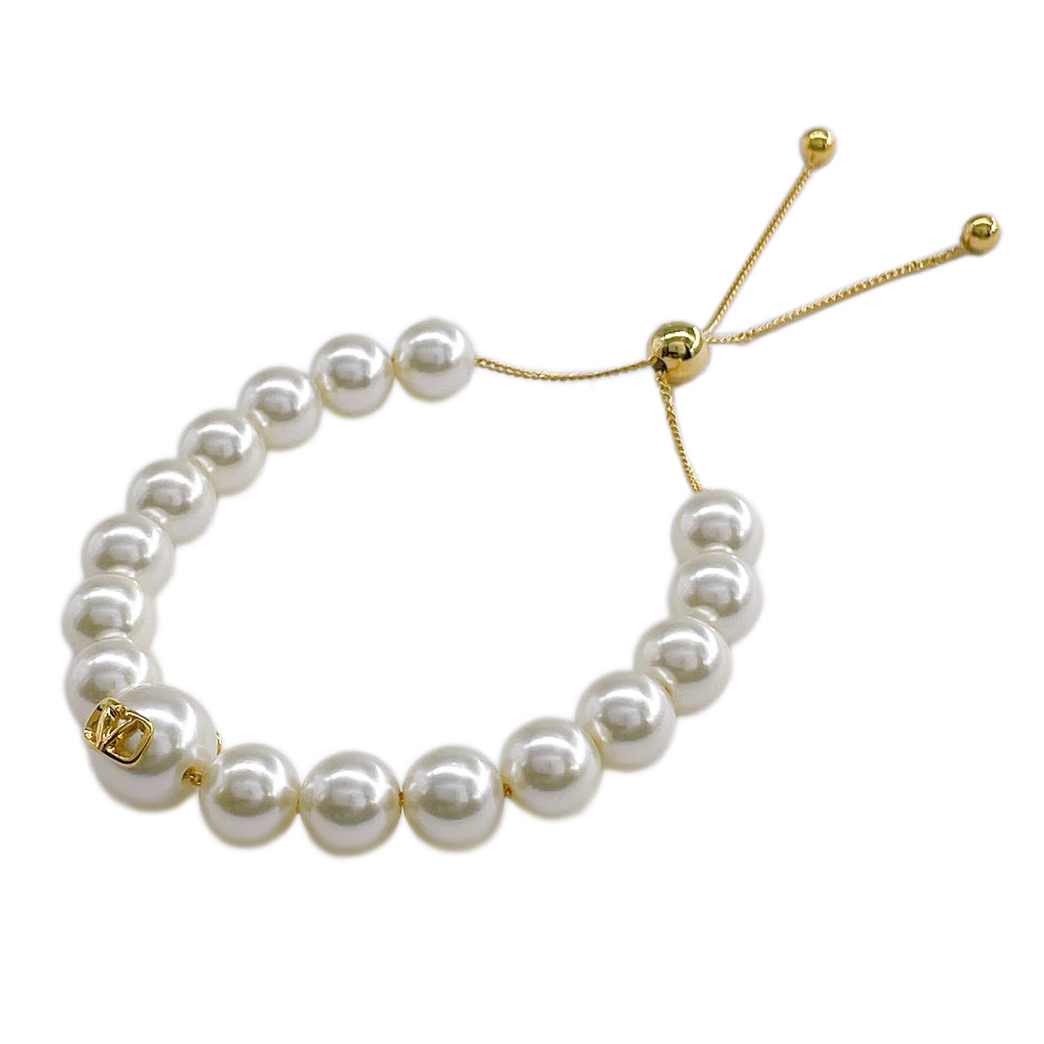 

Valentino V Logo Signature Metal Resin Pearl Slider Bracelet in DHC Gold/Cream (5W2J0W83 0O3) [Used]