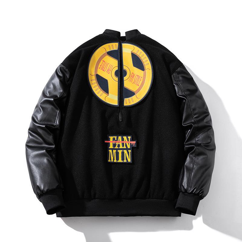 

Трендовая унисекс бейсбольная куртка из лоскутной кожи с вышивкой - стиль американского стритвира, дизайн колор-блок для весны и осени. XXXL жёлтый