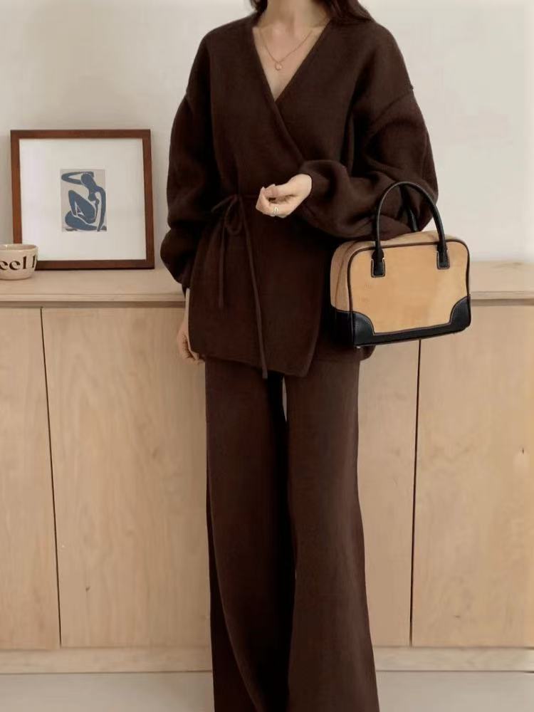 New fashion foreign trade set, women's autumn/winter new elegant loose belt belt knit cardigan wide-leg pants two-piece set