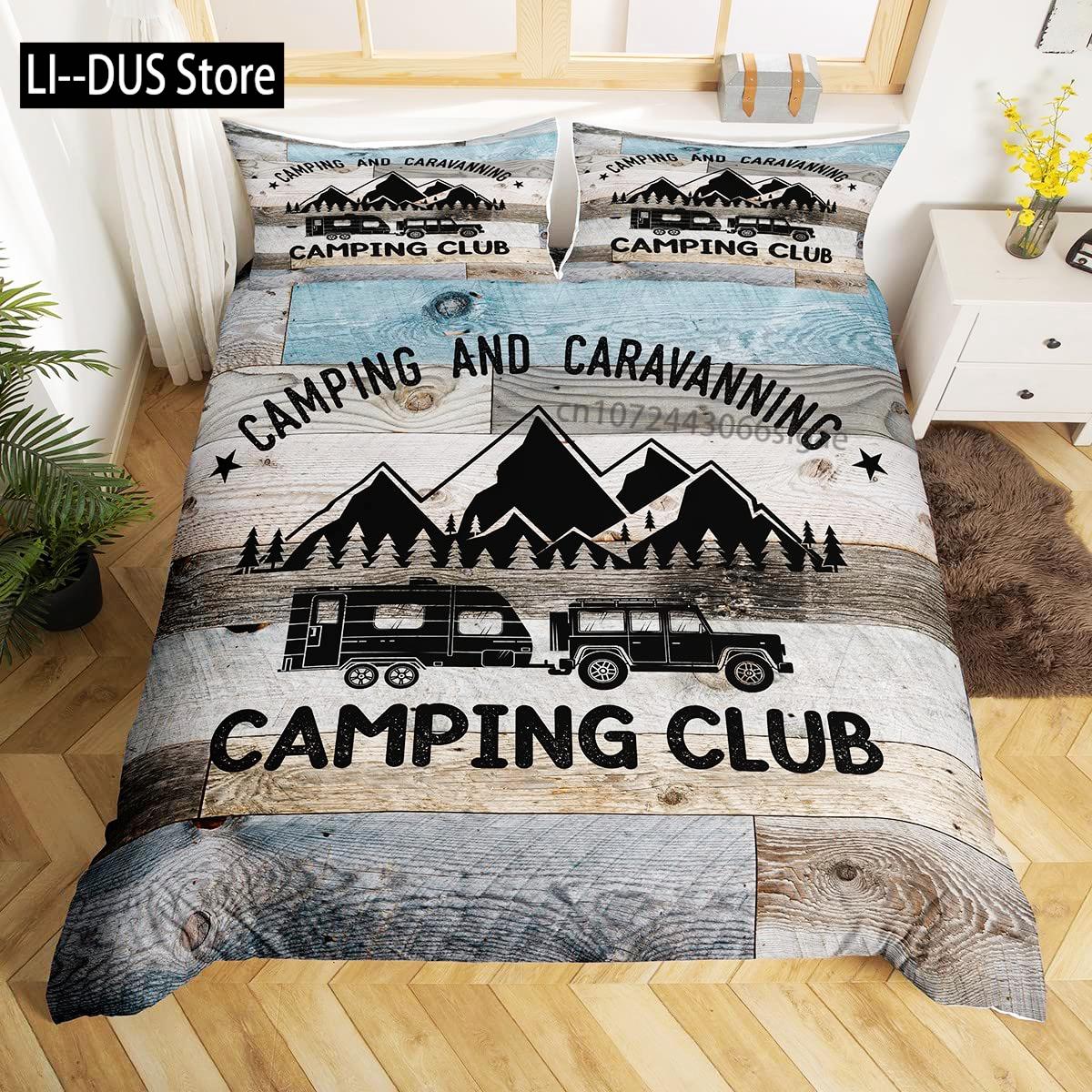 

Camping Bedding Set Twin King Full Size for Teens Adult Duvet Cover Happy Camping Comforter Cover 3 Pieces with 2 Pillowcase 135x200cm