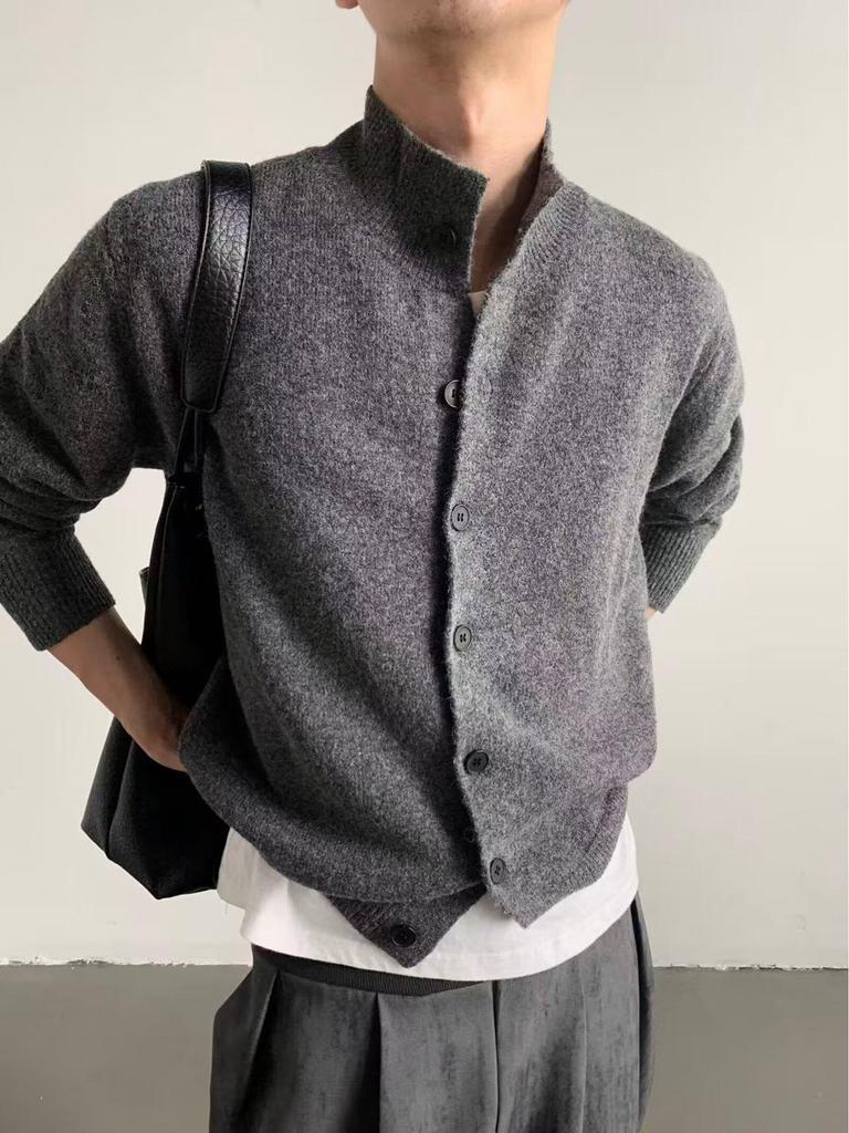 Men's Retro High-End Knit Cardigan - Autumn/Winter Korean Lazy Style, Versatile Stand Collar Couple Outerwear