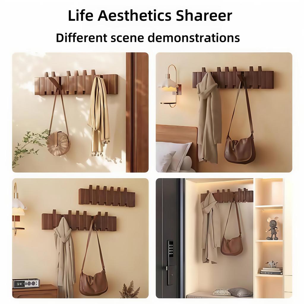 [Wall-Mounted Coat Rack] 1pc Natural Wood Wall-Mounted Coat Rack with Hooks -Piano-Shaped Accordion Design,Walnut Finish,Space-Saving Vertical Storage