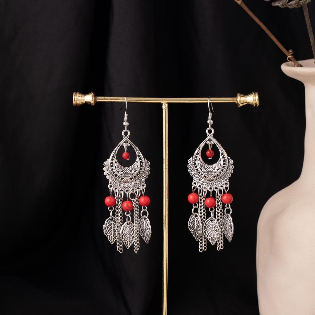 Bohemian Ethnic Oval Tassel Earrings with Beads