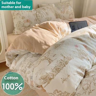 100% Pure Cotton Bed Four-piece Set Skin-friendly Water Wash Bed Sheet Quilt Cover Pillowcase Set