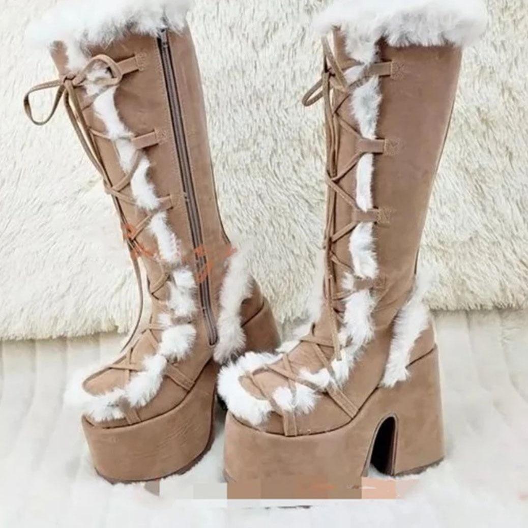 

Зимние женские зимние сапоги на платформе с танкеткой и высоким каблуком из искусственного меха, женские плюшевые теплые нескользящие сапоги до середины голени, готическая обувь 38 светло-коричневого
