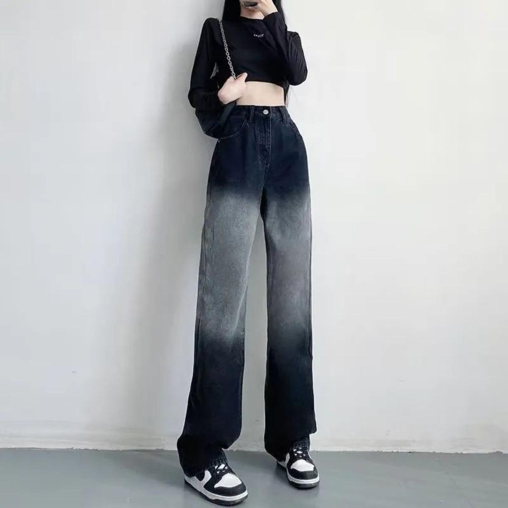 High Street Gradual Change Washed Jeans Women's Spring and Autumn Niche Design Sense Cover Hip Personality Mopping Wide Leg Jeans