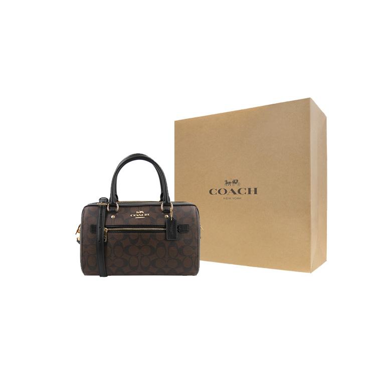 COACH Rowan Coated Canvas With Smooth Leather Boston Bag, Handbag, Shoulder Bag, Crossbody Bag Large Women's Dark Brown 83607-IMAA8