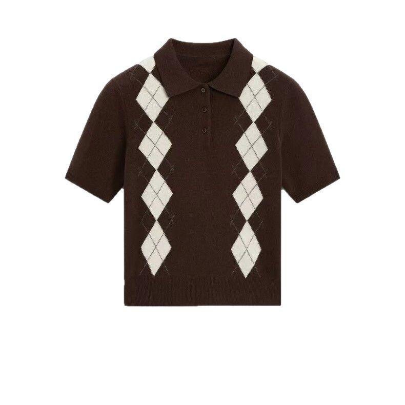 

Женский топ с коротким рукавом, воротником поло и ромбовидным узором, весна/лето S