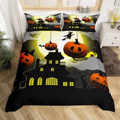 Halloween Bedding Set Full, Pumpkin Lantern Duvet Cover Castle Bat Pattern Comforter Cover, Cartoon Horror Festival Quilt Cover
