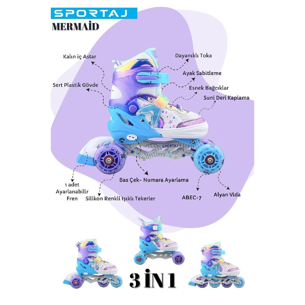 Casco de patinaje luminoso Mermaid, juego de 2 ruedas de silicona para niña, camiseta 3 en 1 con bolsa de transporte