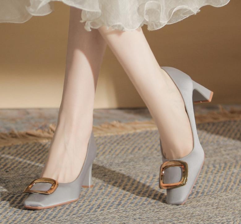 76055B Fashion Classic Square Head Thick Heel Women's Single Shoes High Sense Sexy Versatile Square Buckle Women's Single Shoes