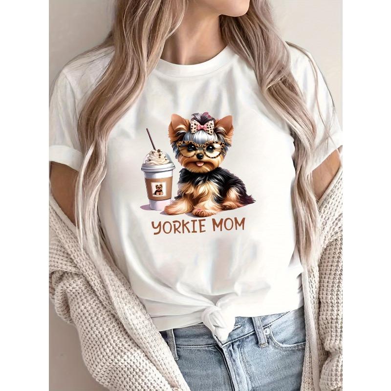 

Women s Plus Size Cute Pomeranian Yorkie Mom Print Crew Neck Short Sleeve Casual Light Gray Tee 4XL білий