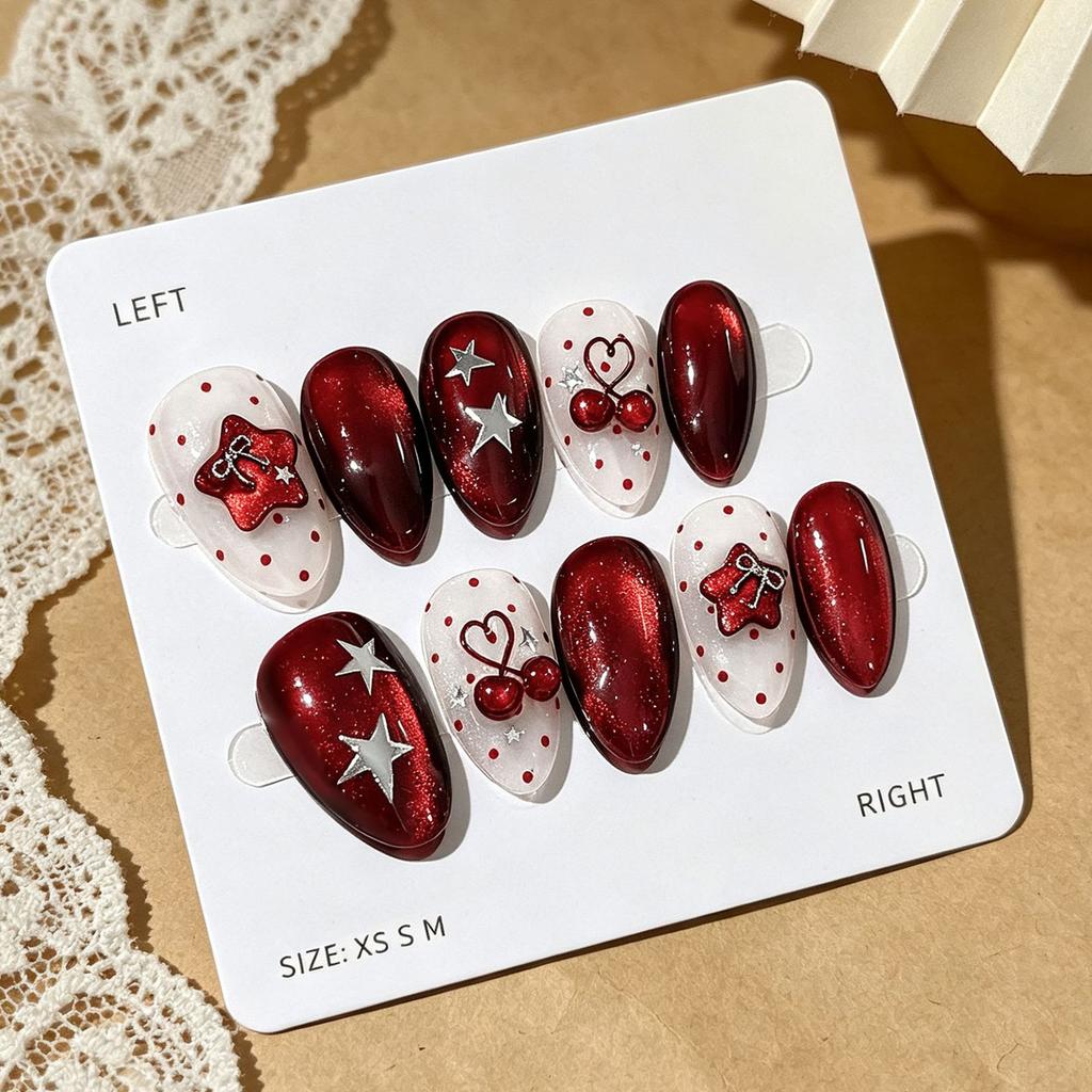 24Pcs Wine Red Cat's Eye Press On Fake Nails 3D Bow Cherry Star False Detachable Nails with Almond Head Polka Dot Stick On Nail