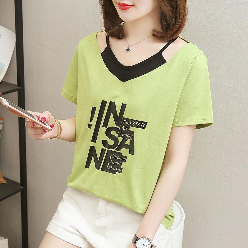 

Женская летняя футболка с коротким рукавом, винтажная повседневная свободная футболка большого размера с v-образным вырезом и принтом M