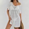 Abito da Donna Estivo Casual Largo Scollo a V Profondo Spacco Pizzo Lavorato a Maglia Manica Corta Copricostume da Spiaggia per Vacanza
