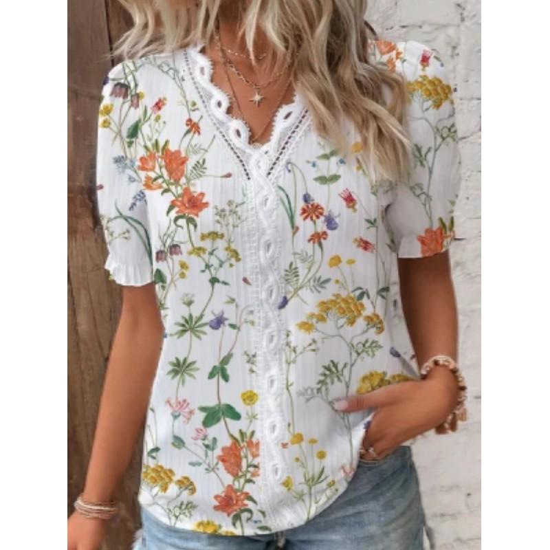 Elegant Blouse Printed Short Sleeve Shirts 2026 Summer Office LadyV Neck Lace Panel Shirt S-XXL