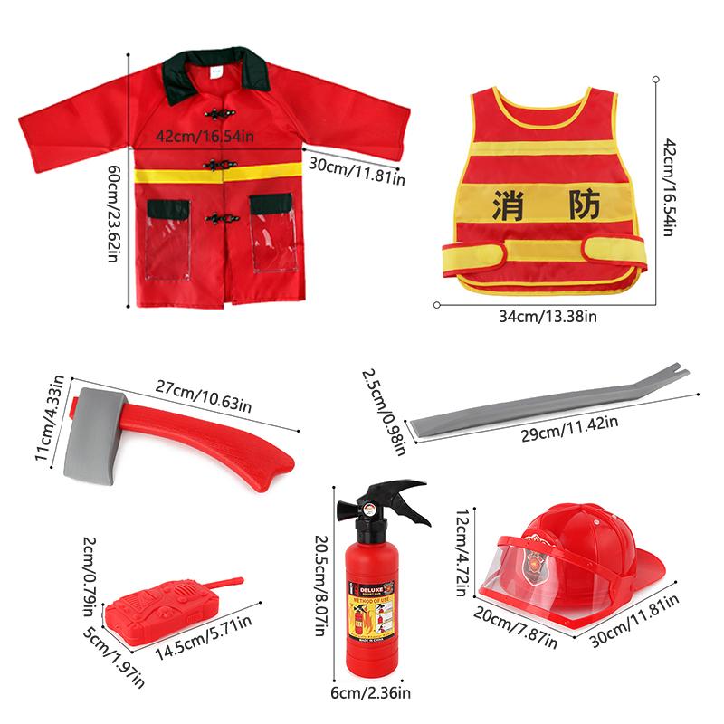 Kids Firefighter Costume Tool Costume Role Play Suit Fireman Dress Up Outfit Hat Fire Extinguisher Party Birthday Gift Toy