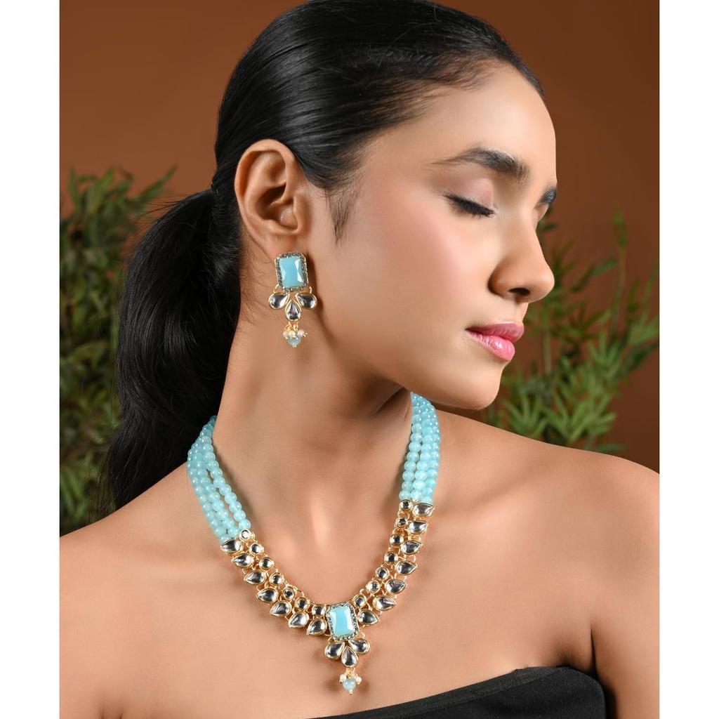 18K Gold Plated Traditional White Kundan Studded Multi Layer Pearl Necklace Jewellery Set with Dangle Earrings for Women