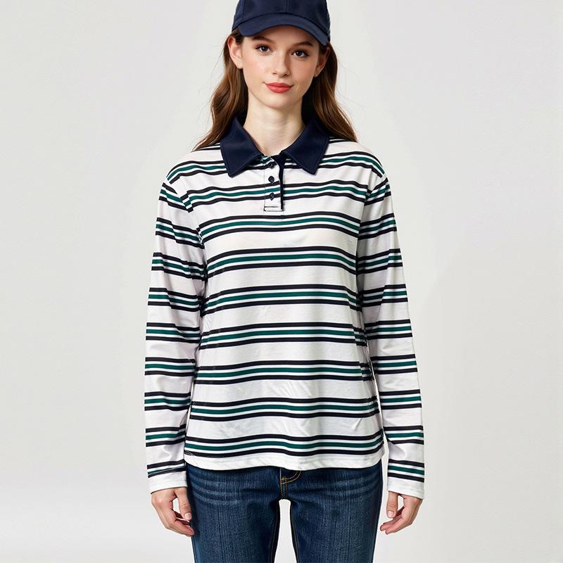 Fashion Striped POLO Shirt Long Sleeve 2025 Autumn Retro Pullover Top Women