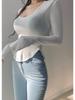 Korean Spring/Summer Slim Fit Sexy U-Neck Sheer Long Sleeve Curved Hem T-Shirt for Women