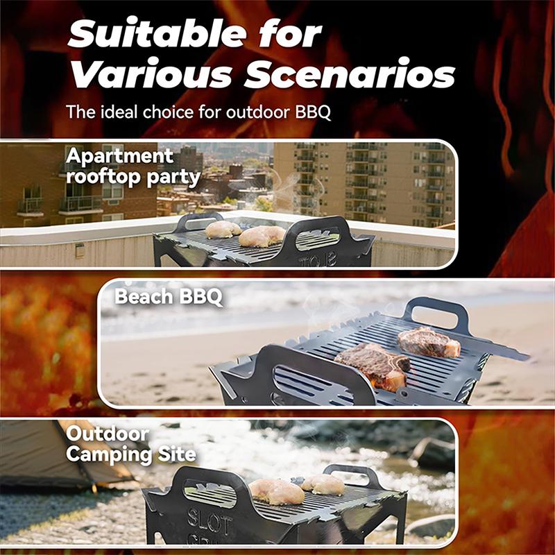 Slot Grill, Collapsible Bbq Grill For Easy Storage, Steel Portable Folding Charcoal And Wood Fuel Barbecue Rack