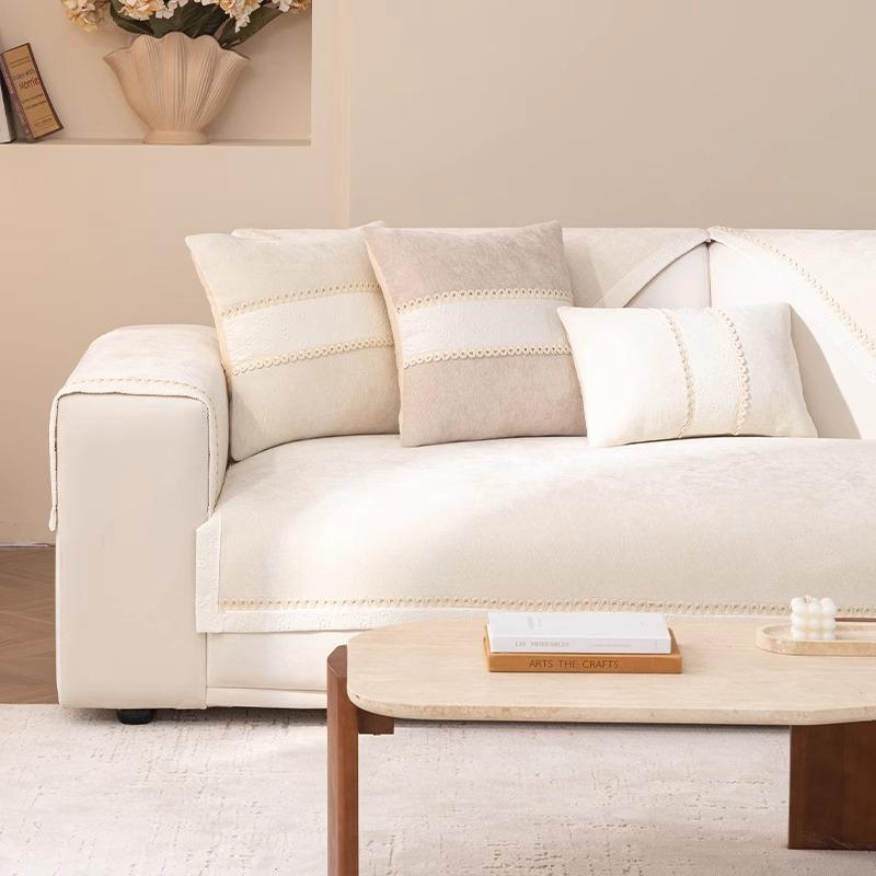 Universal-Sofabezug für vier Jahreszeiten, cremefarbener Stil, rutschfester Sofabezug, Chenille, einfarbig, Jacquard-Spitze, Sofakissen, Rückenlehnentuch