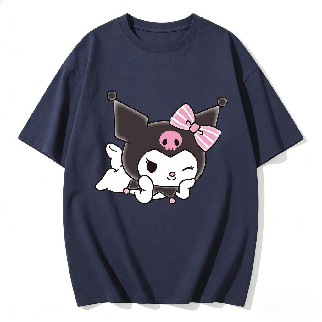 Summer Cute Winking Kuromi Print Tshirt Casual Short Sleeved Tees for Mom and Daughter Fashion Parentchild Clothing Set Tops