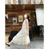 Gentle apricot sleeveless dress crew neck cherry print loose meat mesh stitching fishtail long dress vacation style